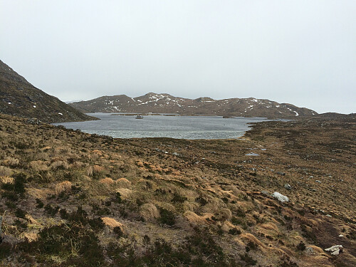 Lake Alnesvatnet, as seen from the mountain ridge that we descended along. The mountain behind the lake is Mount Lesten.