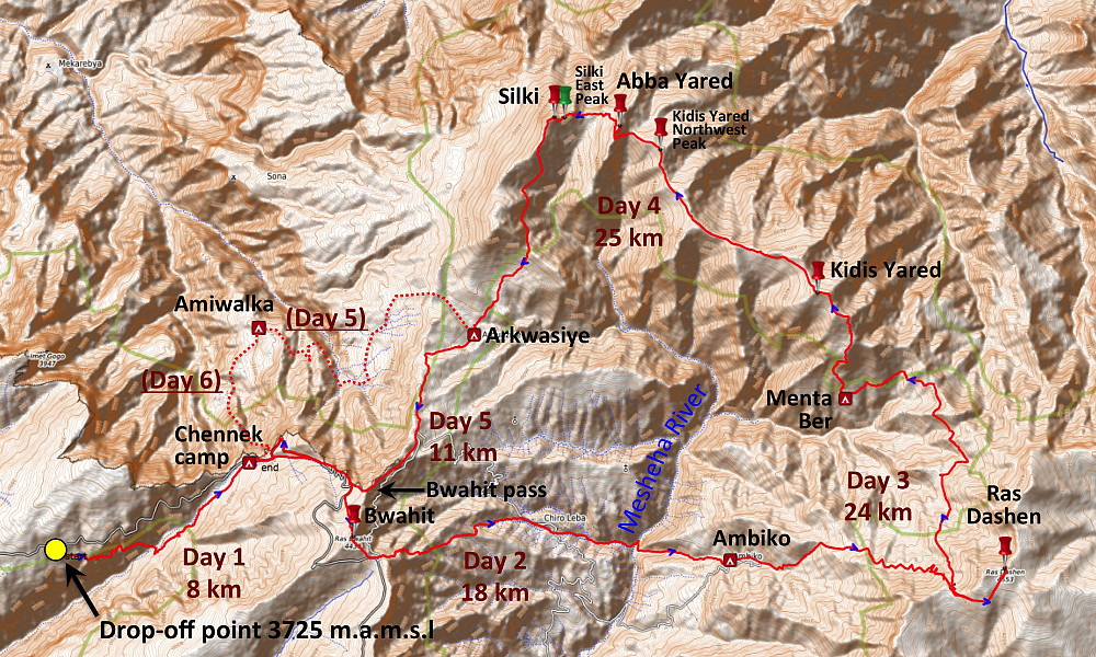 #1: Our 5-day round trip in the Simien Mountains. Day 1: From our drop-off point to the Chenneck Camp site. Day 2: From Chenneck via Ras Bwahit to the Ambiko Camp. Day 3: From Ambiko via Ras Dashen to a village called Menta Ber. Day 4 From Menta Ber via Kidis Yared, Abba Yared and Mount Silki to Arkwasiye. Day 5: From Arkwasiye over the Bwahit Pass back to Chenneck, form where we were picked up the following day. We originally planned to go from Arkwasiye to Amiwalka on the 5th day, and then from Amiwalka to Chenneck on the morning of 6th day, i.e. prior to being picked up at Chenneck. A huge landslide had taken away part of the path between Amiwalka and Chenneck, however, hence we had to skip that part of our plan.