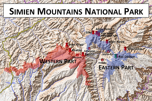 #2: The Simien Mountains National Park has a western part (red) and an eastern part (blue), which are connected by just a narrow isthmus. Most tourists are content with just visiting the western part of the park, and according to our guide; more than 80% of the guides working in the park have never visited the eastern part of the park either.