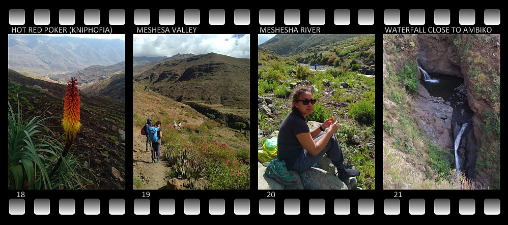 #18: The Kniphofia flower, commonly known in English as "Red Hot Poker". #19: Descending further down into the valley. #20: Lunch at the Mesheha river bank. #21: A beautiful waterfall in a creek shortly before arrival at the Ambiko camp site, the creek being a side arm or contributary to the Mesheha river.