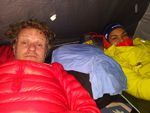 #11: Going early to bed in our tent on this first evening of our trip. I tried hard not to look too tired on this photo.