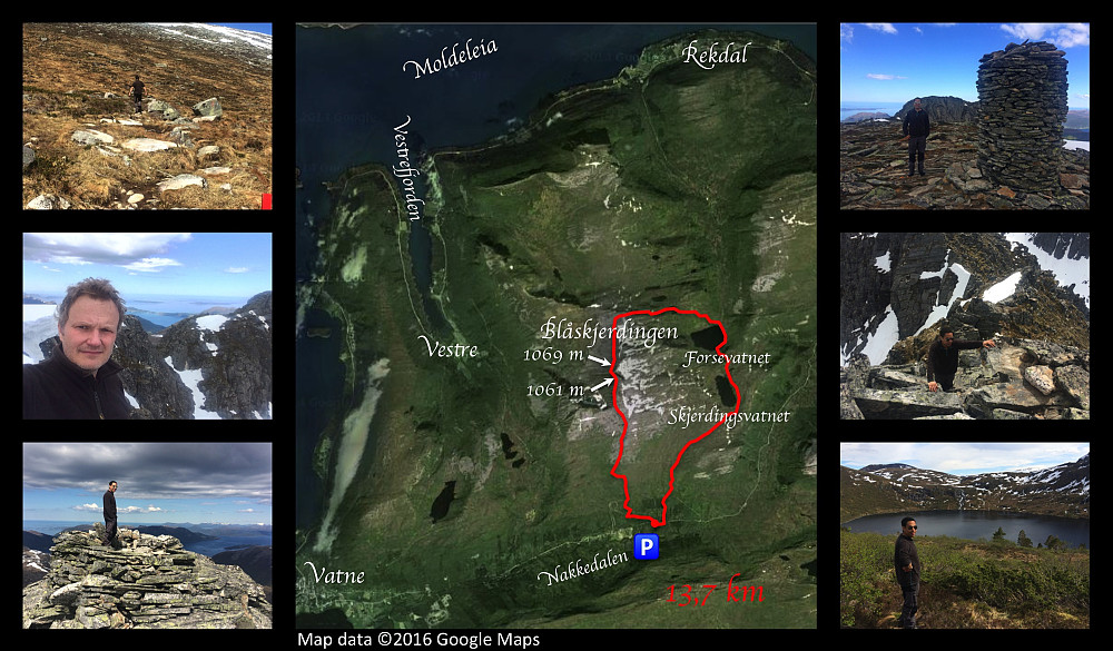 Upper left image: On our way up the south face of Mount Skjerdingen. Upper right image: My son Dag the cairn on the southern peak of Mount Skjerdingen (1061 m.a.m.s.l.), with the northern peak (i.e. the summit) in the background. Middle left image: Me on the southern peak, with the notch and the northern peak in the background. Middle image: Our gps-tracking on a Google Map satellite image. Middle right image: Climbing out of the notch unto the northern peak of Mount Skjerdingen. Lower left image: My son on the summit/northern peak of Mount Skjerdingen (1069 m.a.m.s.l.). Lower right image: Lake Forsevatnet.