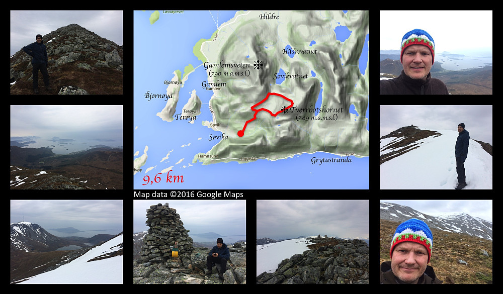 Upper left image: On the mountain edge leading up to the summit of the mountain. Middle image: Our gps-tracking. Upper right and middle left images: View towards the Søvika bay and the ocean. Middle right image: Some snow on the top of the mountain. Lower left image: View to the north. 2nd image lower row: A short brake by the cairn on the summit of the mountain. 3rd image lower row: View towards Mount Hildrehesten. The red spot on one of the stones is a marking of the trail. Lower right image: On our way back down from the mountain.