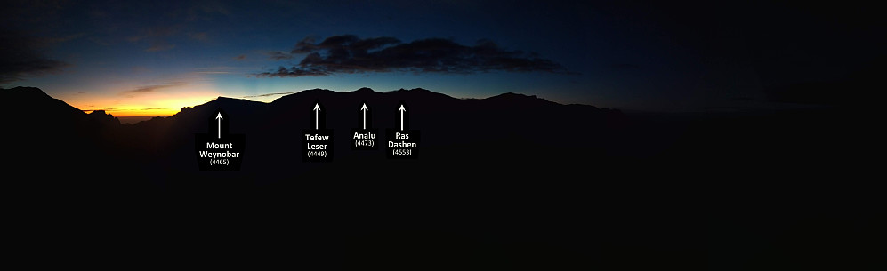 #38: Sunrise behind Mount Weynobar, Tefew Leser, Analu and Ras Dashen. The image was captured as we were climbing Mount Kidis Yared from Menta Ber.