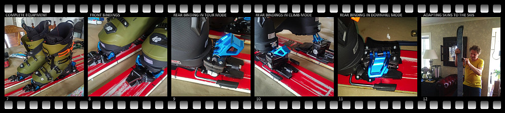 ##1-12: I just got myself a set of alpine touring ski equipment, and this was in fact my first mountain trip ever with alpine touring skis; i.e.; I've previously always been using my Telemark skis for such trips. #1: My brand new K2 alpine touring ski boots purchased online from Conrad Sport in Germany. #2: My new Dynafit bindings, also purchased from Conrad. #3: A set of brand new Contour skins purchased online from Kårvatn Mountain Equipment [Norw.: Kårvatn Fjellutstyr] in Norway. #4: My old Völkl Mantra skis with Cobra Telemark bindings from Rottefella, the way I bought them at G-Sport, Ålesund, Norway, more than 10 years ago. (I know, real off piste ski enthusiasts would say it's sacrilegious to mount Telemark bindings onto a pair of Mantra skis, and I kind of agree, but this is what they sold me back then when I asked for a pair of "Telemark skis"...). Nevertheless, I later bought a pair of proper Telemark skis from Scottybob in Colorado, and since then my Mantra skis haven't been in use until now. #5: Attaching the new Dynafit bindings onto my old Völkl skis. #6: The new bindings in place. The epoxy glue used in the drill holes prior to entering the attachment screws is seen in the background. #7: The new boots in place in the bindings. The colour combination might seem a bit weird with red skis, blue bindings, and olive green boots; I'll probably have to get myself an orange or yellow pair of shell trousers, maybe along with a purple shell jacket, to match up with these colours. #8: The boots fitting nicely into the front bindings. #9: Rear binding in touring mode. #10: The rear bindings in "climbing mode", the right one as you would use it in rather steep climbs, and the left one the way it is used in not so steep climbs. #11: Rear binding in downhill mode. #12: Adapting the Contour skins to fit the skis.