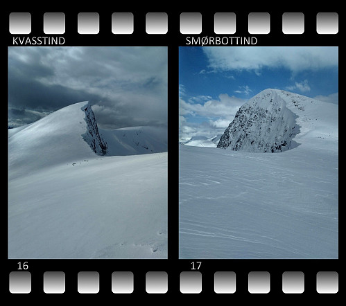 #16: Mount Kvasstind as seen from the ascent of Mount Smørbottind. Notice the treacherous ice shelfs along the edge of the mountain. #17: Mount Smørbottind as seen when you're ascending Mount Kvasstind. It also has some dangerous ice shelves at this time of the year.