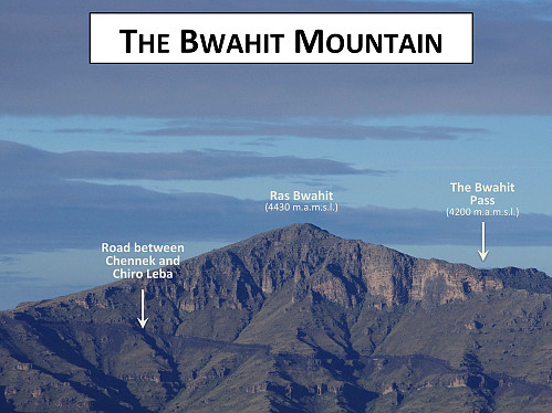 #65: The Bwahit Mountain as seen from Kidis Yared. The summit, or ras, is located 4430 m.a.m.s.l. As seen, there are steep places where the mountain is difficult to climb, and the north ridge (i.e. to the right in this image), is equally steep on the other side. At the Bwahit Pass, however, there's a trail that will take you over to the other side.