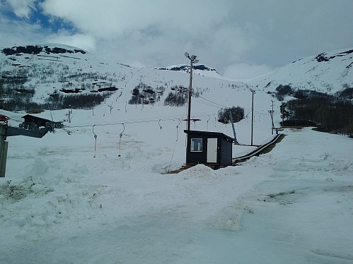 #2: The downhill slopes for alpine skiing at Overøye Stordal Ski Center. In these slopes the snow was groomed by snowcats early on this winter (prior to the Covid-19 lockdown); hence it's remaining longer, and the risk of an avalanche is reduced. We used these slopes for the first, or lower part of this ski touring.