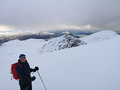 #2: On our way up the west side of Mount Høgsvora. The mountains in the background are Mount Geitenibba (854 m.a.m.s.l.) and Mount Snaufjellet (893 m.a.m.s.l.).