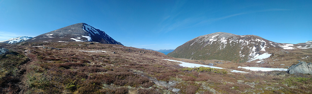 #1: Mount Melen (806 m.a.m.s.l.) to the left, and Mount Oterfjellet (728) to the right. The valley in between them is called Melskaret.
