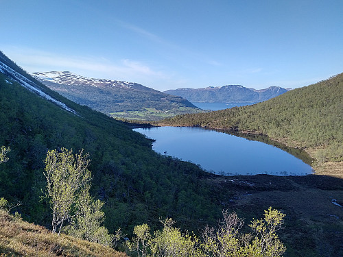 #7: Lake Oterskarsvatnet between Mount Oterfjellet and Mount Storhaugen. The village of Fiksdal is seen in the background.