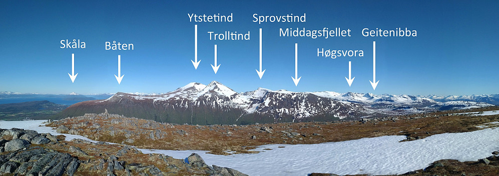 #9: Panorama from the top of Mount Storhaugen. The summit offers a nice view of many familiar mountains.