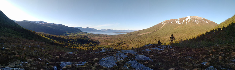 #10: View towards the village of Fixdal from the foot of Mount Oterfjellet. Mount Storhaugen is seen in the right half of the image, and the foot of Mount Melen is seen to the left.