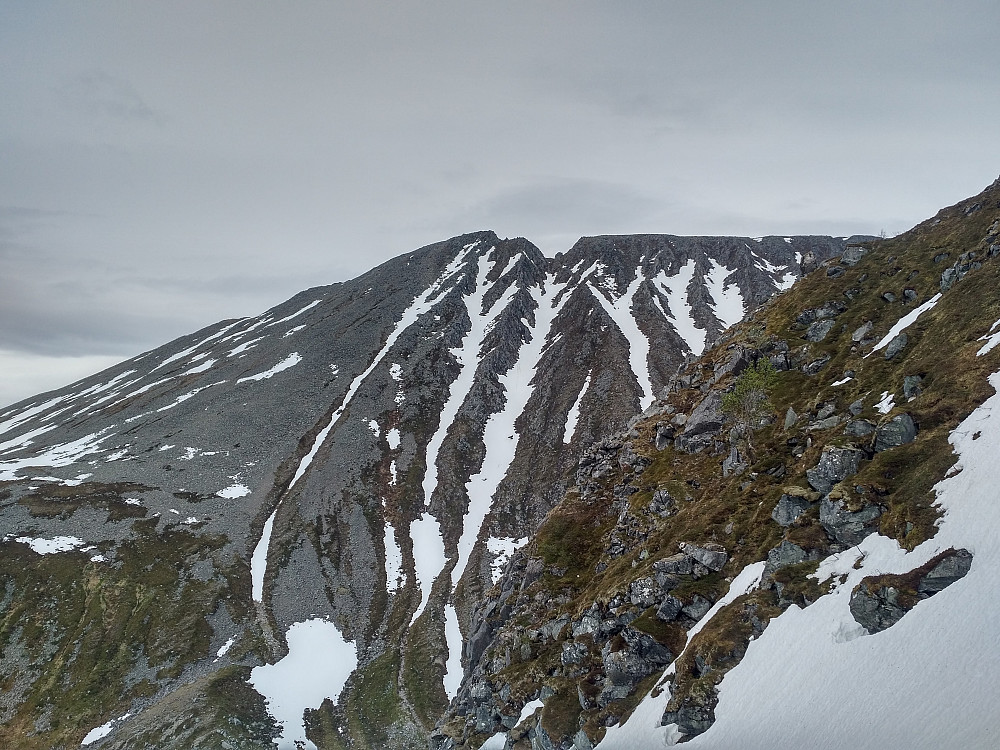 #10: Mount Blåskjerdingen with the characteristic ravine between the north summit and the south summit, as seen from the ridge Tindfjellryggen. Already at this point I deemed it likely that I could traverse the ravine without too much difficulty, as snow seemed too scarce to be of any hindrance.