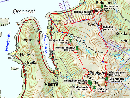 #7: The GPS-track of this hike. The river Skjerdingselva (Image #6) runs in the valley called Skjerdinghola between Mount Blåskjerdingen and the ridge of Tindfjellryggen.