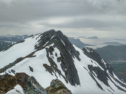 #15: Having a look back at Mount Tindfjellet from Mount Skjerdingen. The lower prominence to the right is the one called Tindfjellaksla [i.e. the "shoulder" of Tindfjellet].