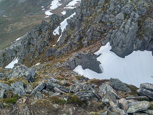 #19: On my way down into the ravine between the two summits of the Mountain. There's still some snow to the right of the edge of the ravine bottom; nevertheless, with most of the ravine bottom bare, crossing the ravine and climbing the north peak was no problem. Those who want to summit the north peak during winter, usually take off their skis on the south peak, and then climb through the ravine with an ice axe and crampons.