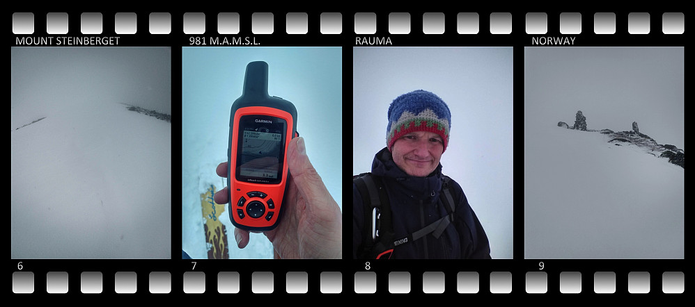 #6: As I continued along the ridge called Steinberget, there was not much to see, and I knew there was a steep cliff, especially on the left side of the ridge. #7: Without any visibility, my inReach GPS device from Garmin was the only thing telling me where I actually was. #8: "Selfie" on top of the ridge called Steinberget [i.e. "The Stony Mountain]. #9: A cairn marking the top om Mount Steinberget, though it is actually placed a little bit west of the actual highest point of this mountain ridge.