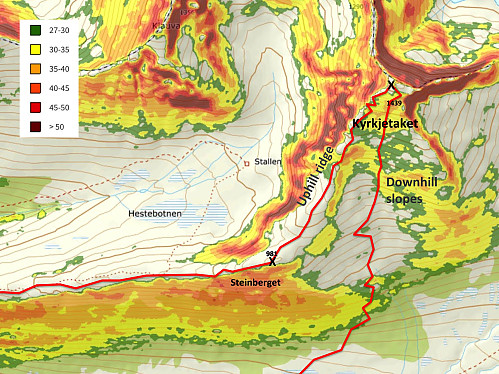 #6: Map with inclination shown in color code, and with my GPS tracking superimposed. The ridge on which most people climb the mountain is mostly below 30 deg, whereas the upper part of the downhill slopes are above.