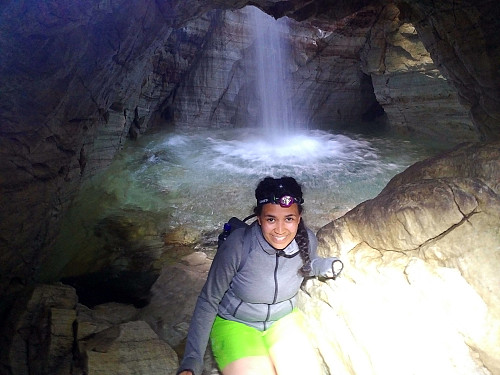 Image #10: My daughter in front of the Lagoon. The intense light in the lower right corner is from my headlight. To get the photo perfect, I should have dimmed the light a bit down, and then centered it on the image.