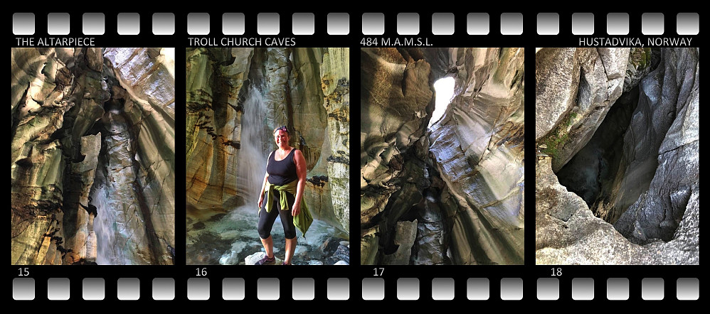 Image #15: The cave wall that has been termed the "Altarpiece" (see text). Image #16: My sister in the second cave. Image #17: The hole in the roof/ceiling of the second cave, through which daylight comes in. Image #18: The same hole as seen from above.