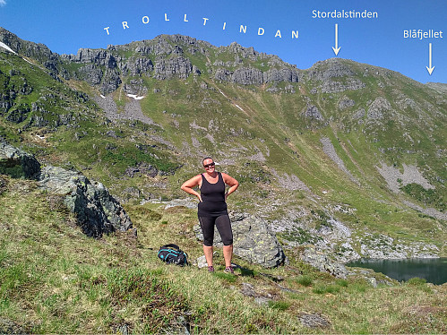 Image #24: My sister in front of the peaks that we are just about to climb, i.e. the "Troll Peaks" and the "Great Valley Peak".