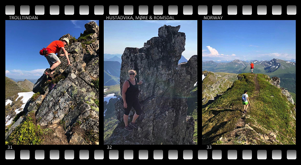 Image 31: In this Troll Peak mountain range, there are some places where you may practice your climbing skills, nevertheless, there are always also alternative tracks, so that you may bypass these steep spots if you don't like climbing. Image 32: My sister in front of a fascinating rock formation about halfway between the middle and the eastern Troll Peak. Image 33: Continuing towards the eastern Troll Peak (847 m.a.m.s.l.)