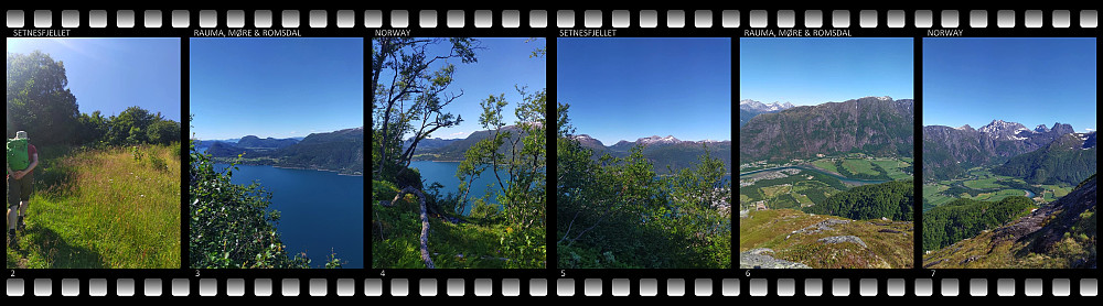 Image #2: The first few meters of the trek goes through a little piece of farmland. Images ## 3-5: The climb up the mountain side of Mount Setnesfjellet offers a spectacular view over the fjord Romsdalsfjorden. Images 6-7: As you get higher up, you also get a nice view towards the Rauma Valley and the mountain range of Romsdalseggen. In the background of image #7 you can see the renown peaks of Romsdalshorn and Store Venjetind.