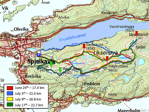 Bilde #2: Peakbook-kart med gps-trackingen fra mine fire løpeturer på Spjelkavikfjellet/Emblemsfjellet denne sommeren.
