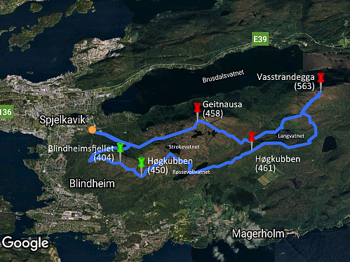 Bilde #3: Google Maps satelittfoto med gps-trackingen fra den siste av sommerens fire løpeturer på Emblemsfjellet.