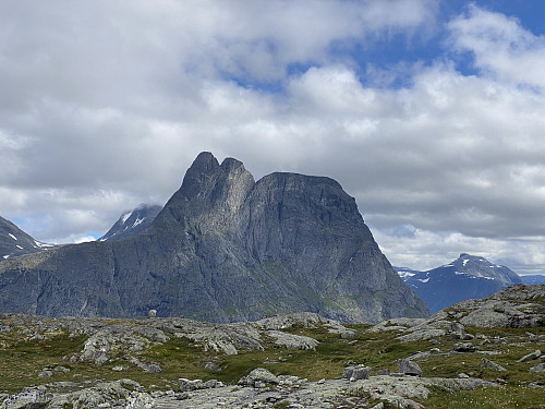 Image #10: A view of Mount Romsdalshorn with the main summit to the left, Lillehornet [i.e. "The Little Horn"] in the middle, and Hornaksla ["The Horn Shoulder"] to the right.