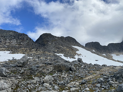 Image #13: Mount Adelsfjellet to the left, Mount Middagsbarna in the middle, and Mount Nordre Trolltind in the right part of the picture.