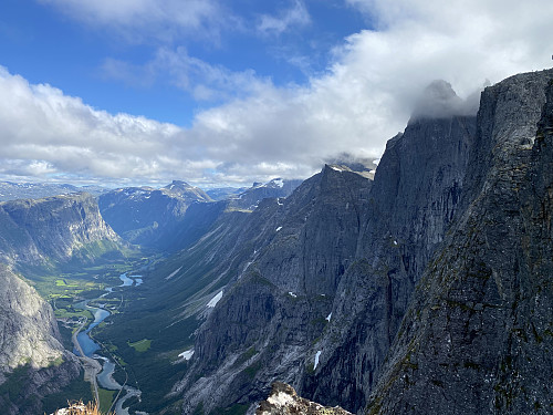 Image #14: View of the Rauma Valley with the Rauma River as seen from the summit of Mount Middagsbarna. To the right part of the "Troll Wall" is seen, with the peaks of Mount Trollryggen and Mount Breitinden.