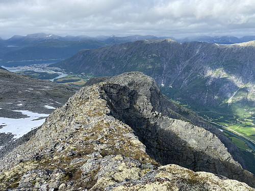 Image #15: View of Mount Adelsfjellet [i.e. "The Nobility Mountain"] from Mount Middagsbarna. The town of Åndalsnes, as well as the mountain range called Romsdalsegga, is seen in the background.