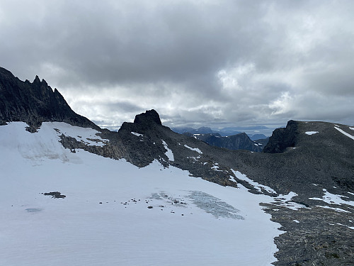 Image #16: View of Adelsbreen Glacier and Mount Setergjelstinden from Mount Nordre Trolltind. The mountain in the right half of the picture is Mount Soggefjellet. The fjord (Romsdalsfjorden) is seen in the distance.