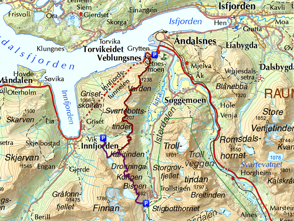 Image #3: Map indicating in purple the 4-mountain hike that I had been planning for a while, and in purple + dark red the hike that I finally actually did on this day.