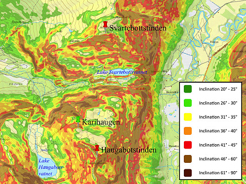 Image #4: Inclination map showing the steep mountain sides around Lake Svartebottsvatnet. The lake is located at 509 m.a.m.s.l. On the north side of the lake, you have the steep south face of Mount Svartebottstinden, and on the south side you have the equally steep north face of Mount Haugabotstinden. East of the lake you have a steep mountain side down into Isterdalen Valley. Only from the west side is it possible to reach this beautiful lake by ordinary hiking [i.e. without climbing].