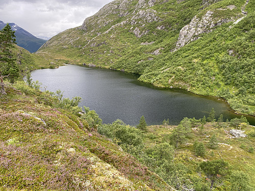 Image #11: Lake Svartebottsvatnet as seen from the plateau just south of the lake. In the background the part of the south face of Mount Svartebottstinden is seen.