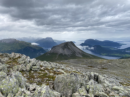 Image #19: The view from the summit of Mount Svartebottstinden towards Romsdalsfjorden Fjord. Mount Grisetskolten is seen in the middle of the image.