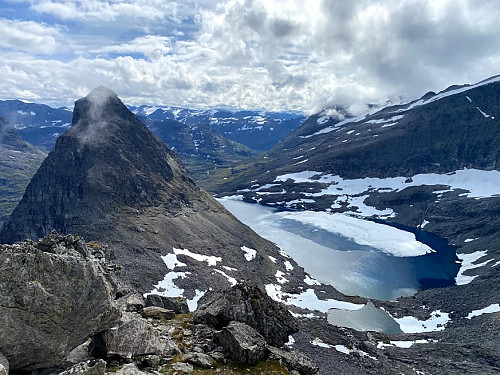 Image #12: The Bishop and Lake Bispevatnet as seen from the south ridge of The King. The ice on the lake is usually gone in late august, but this year it was still there, due to quite heavy snowfalls in April and May.