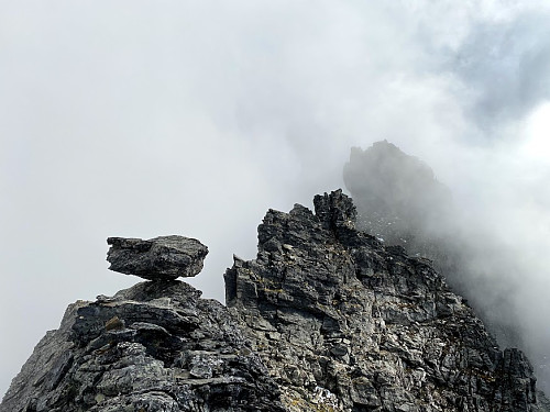 Image #28: The view back from the north peak towards the “Tilting Boulder” and the main peak of The Queen. 