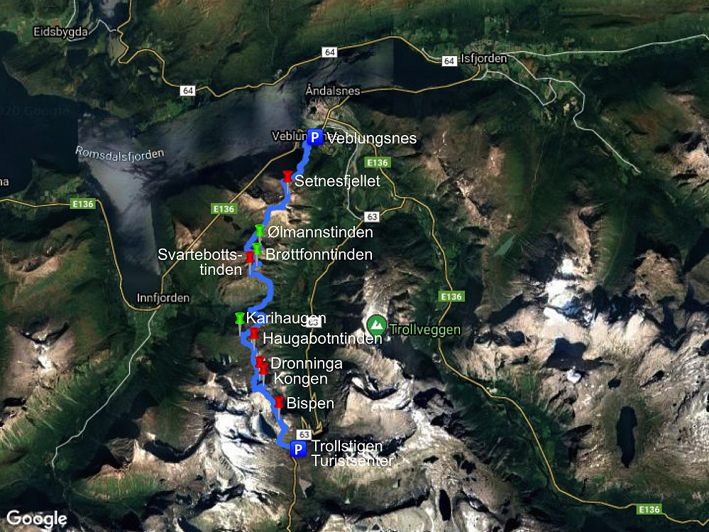 Image #45: A Google Map satellite image with the GPS track of my trip. The red map pins mark peaks with a vertical separation of more than 100 meters, whereas the green map pins are marking peaks with a vertical separation of less than 100 meters.