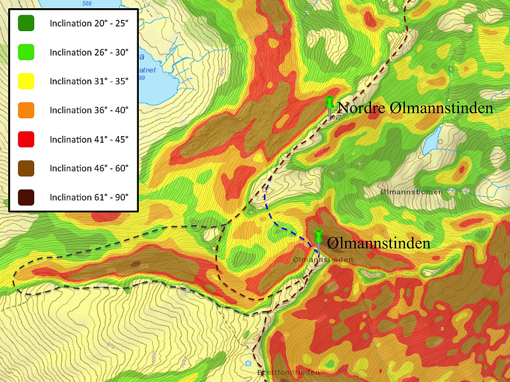 Image #42: Inclination map showing the steep mountain sides of Mount Ølmannstinden [i.e. The Beerman's Peak] and Mount Nordre Ølmannstinden [i.e. The Northern Beerman's Peak]. The route that I would have attempted if I had dared is the one indicated by a blue dotted line, the route that I actually hiked is the one following the dark red dotted line; and the one that would have been longer, but possibly quicker, is the one along the gray dotted line. I'm still thinking of visiting Mount Ølmannstinden again in the future, to explore whether it is possible to climb down along the dotted blue line or not.