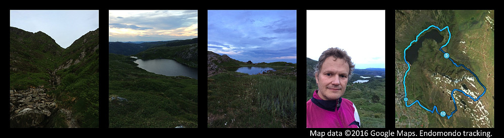 The left image is from the upper part of Isdalen Valley [i.e. "Smalisdalen"]. The three images in the middle are from the mountain plateau behind Mount Ulriken, and the right image is my gps track on a satellite image.