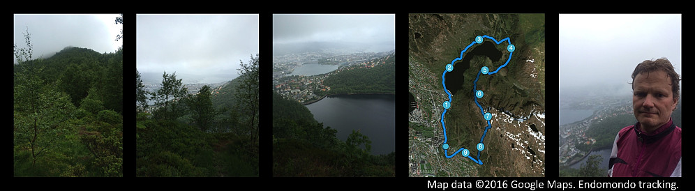 Image #1: Looking upwards on the mountain ridge called Ulrikseggen [i.e. The ridge, or "edge" of Mount Ulriken]. Image ##2, 3 and 5: View from the ridge of Ulrikseggen towards the city centre of Bergen [shot from three different altitudes on the ridge]. Image #4: The GPS track from the combined run and hike.
