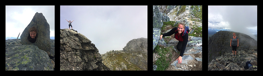 Image #1: On Mount blåskjærdingen there are some funny stones with holes in them. I believe they have been made standing upright by people, but the holes seems to be natural enough; maybe made by water dripping from other stones throughout the centuries? Image #2: My sister standing on the south peak of the mountain, with the north peak visible in the background. Image #3: My sister climbing towards the north peak of Mount Blåskjærdingen. Image #4: My sister on the north peak, with the south peak in the background.