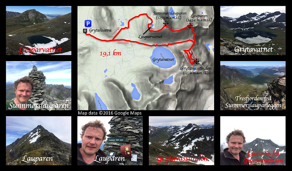 Image: #1: Lake Lauparvatnet at 943 m.a.m.s.l. Image #2: The GPS track of my hike. Image #3: Lake Grytavatnet as seen from the ridge called Sunnmørslauparleggen [i.e. the west ridge of Mount Lauparen]. Mount Grytavasstinden is seen in the background. Image #4: On the knoll called Sunnmørslauparen. Image #5: The fjord called Tresfjorden with its farmland as seen from Sunnmørslauparleggen. Image #6: Mount Lauparen as seen from the west ridge [i.e. from Sunnmørslauparleggen]. Image #7: On top of Mount Lauparen. Image #8: View from Mount Grytavasstinden towards the east. Image #9: Mount Lauparen as seen from Mount Grytavasstinden.