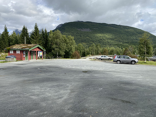 Image #1: The parking lot where the county road crosses Horndøla River. There's even a convenient toilet facility at this spot.