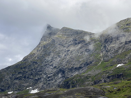 Image #4: Approaching the foot of the mountain. The trail up this steep mountain side is visible in the right part of the image.