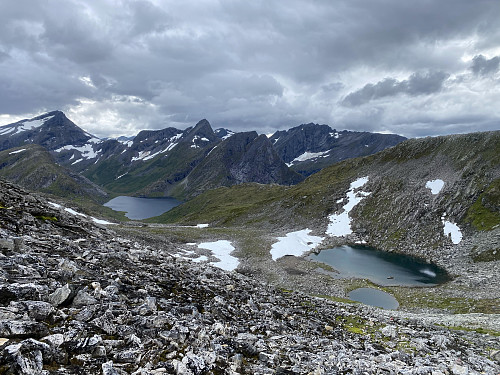 Image #6: The climb up the valley called Jolbotnen. The lake to the left is Lake Kleivavatnet, and the mountains behind it is Mount Rollsbotskorka and Mount Litleskorka.